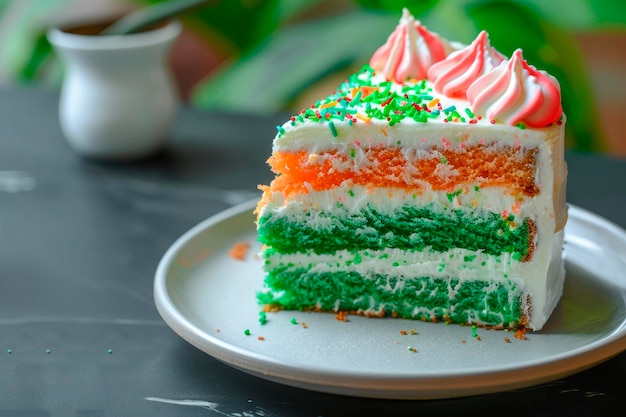 Colorful layered cake on gray surface