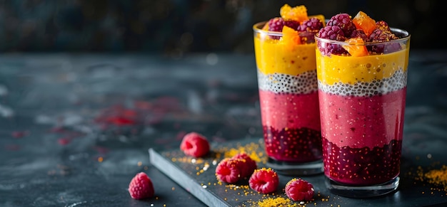 colorful layered chia seed pudding in a glass healthy food concept super food fruit and berry desser