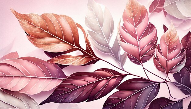 A colorful leaf background with a watercolor pink background