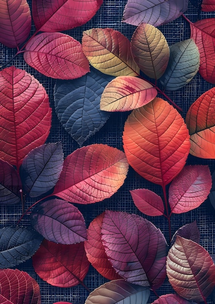 A colorful leafy pattern with red yellow and blue leaves