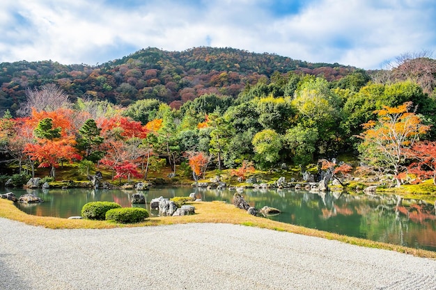 Colorful leaves garden and pond inside Tenryuji temple landmark and popular for tourists attractions in Arashiyama Kyoto Japan Fall Autumn season Vacationholiday and Sightseeing concept