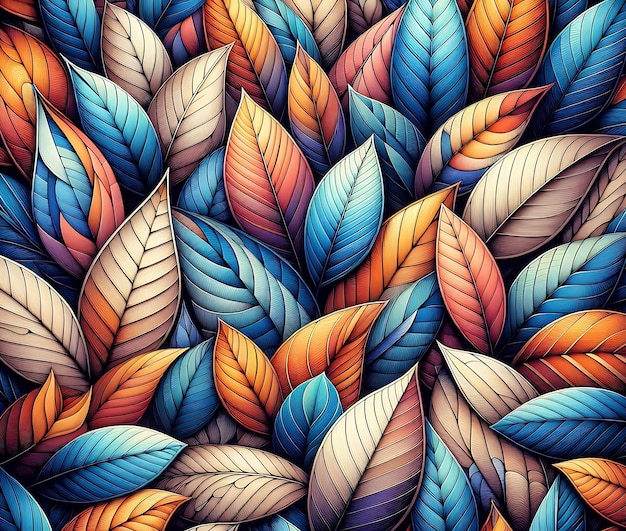 Colorful Leaves Pattern vibrant pattern composed of colorful leaves ranging from blues oranges