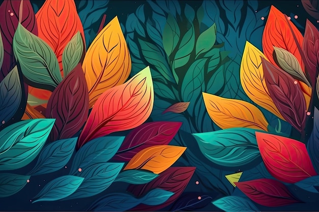 Colorful leaves set against a dark background in a painting