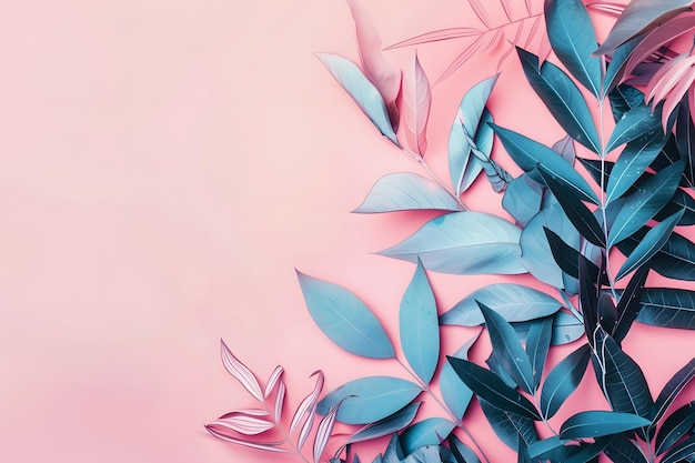 Colorful leaves on soft pink background creating a serene artistic atmosphere in a bright indoor