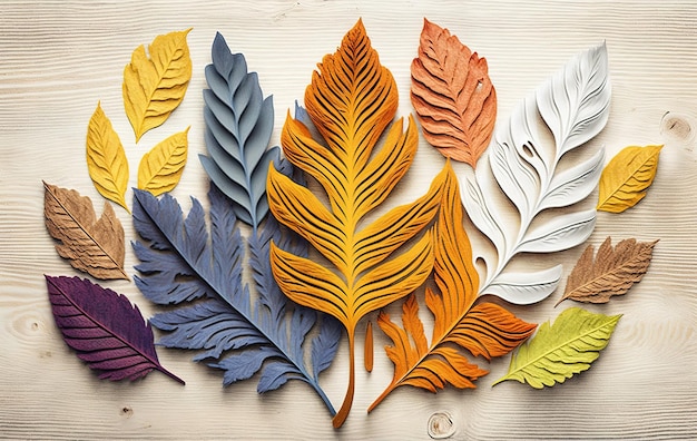 Colorful leaves on a wooden background