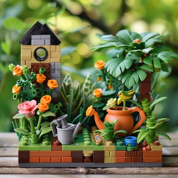 Photo colorful lego garden scene with birdhouse