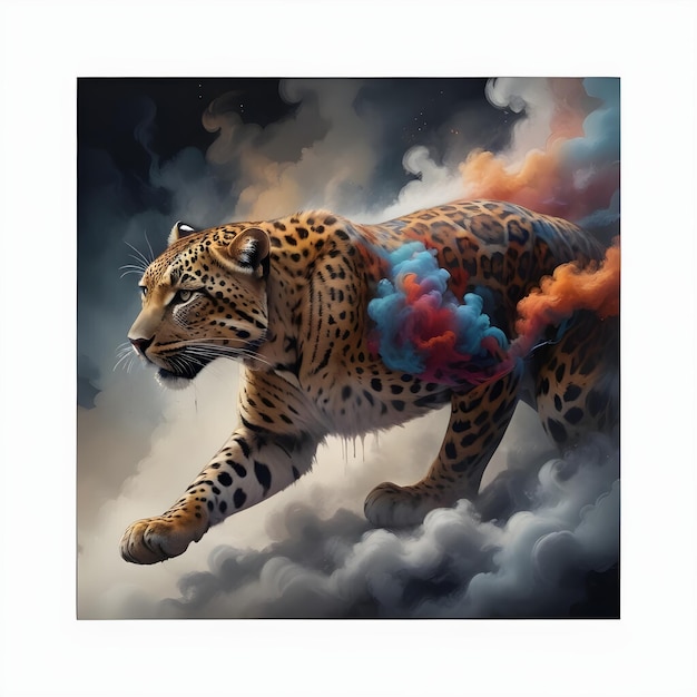 A colorful leopard coming out of smoke