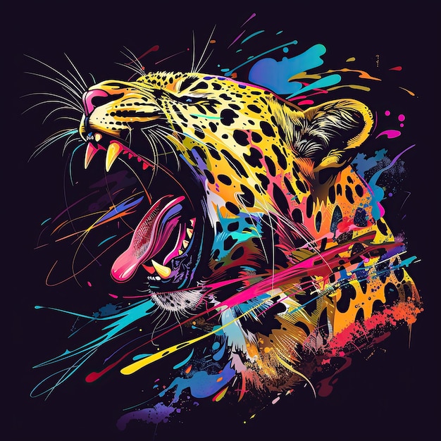 A colorful leopard with an open mouth dark background