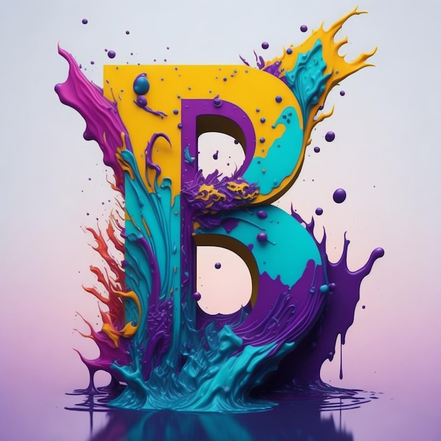 A colorful letter b is surrounded by water and is made by a splash of paint