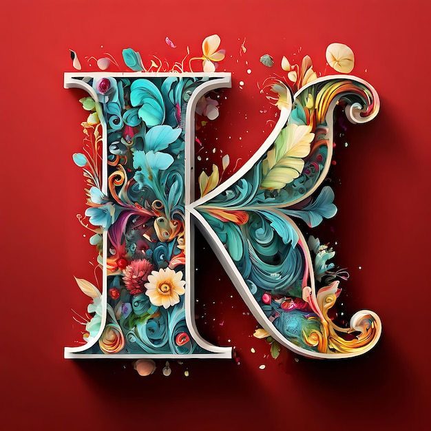 a colorful letter k is painted in colorful and has a floral pattern on it