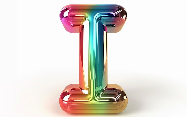 a colorful letter t is standing in a rainbow colored metal object