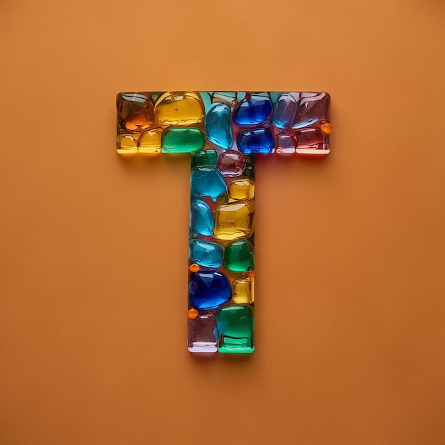 Photo a colorful letter t made of colorful glass