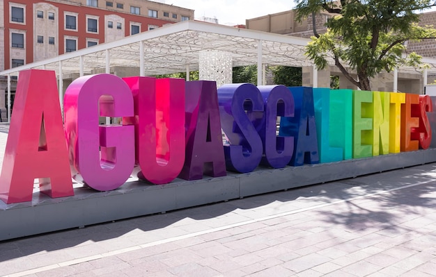 Colorful letters of Aguascalientes central square Plaza de la Patria in front of Cathedral