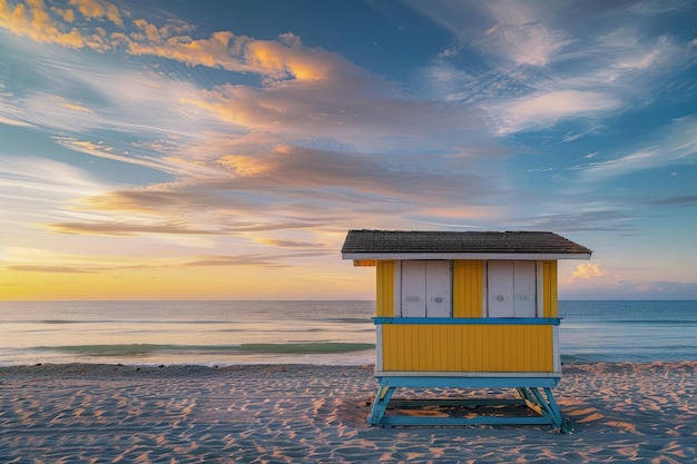 Colorful lifeguard hut on Miami s South Beach during sunrise on a sunny day