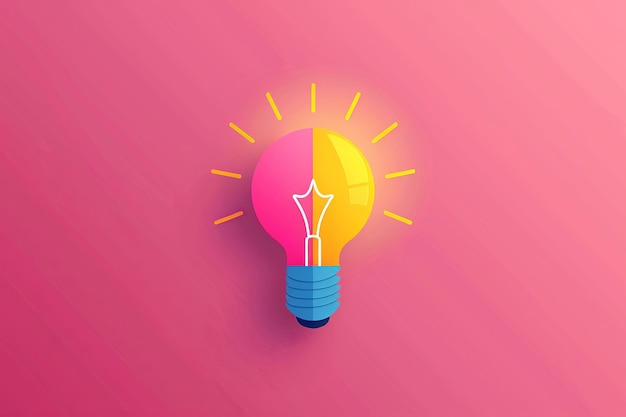 Colorful light bulb illustration with yellow rays set against a pink background symbolizing creativi