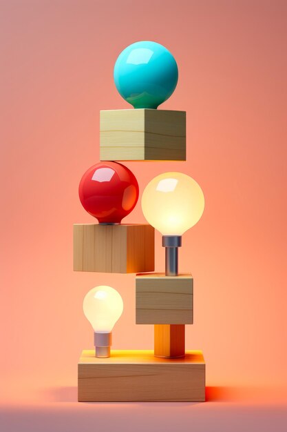 Colorful light bulb sitting on top of wooden block Generative AI