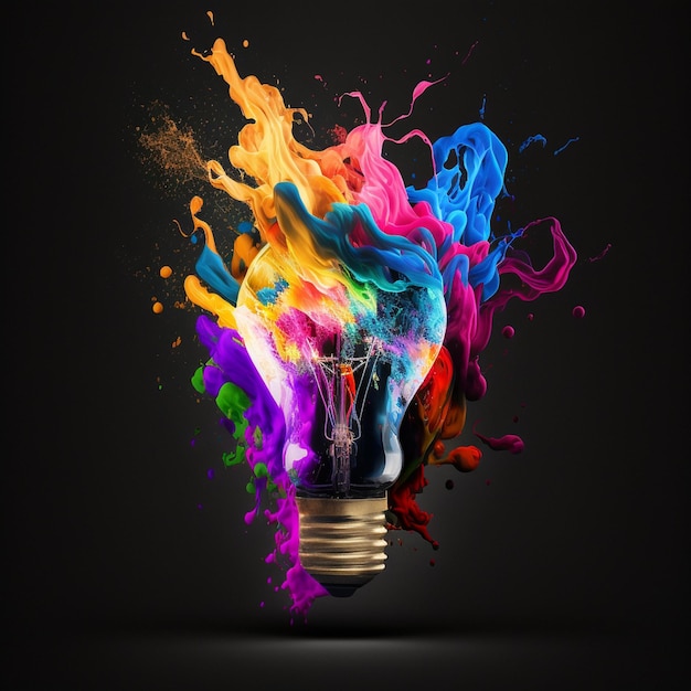 A colorful light bulb with a splash of paint on it.