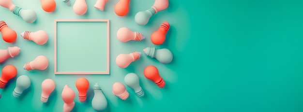 Photo colorful light bulbs arranged around frame on aqua background