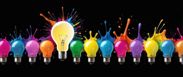 Colorful lightbulbs with paint splashes on a black background symbolizing creativity and innovation