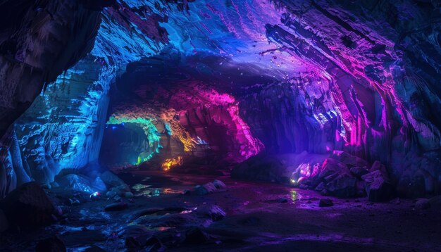 Photo colorful lights illuminate a cave in china