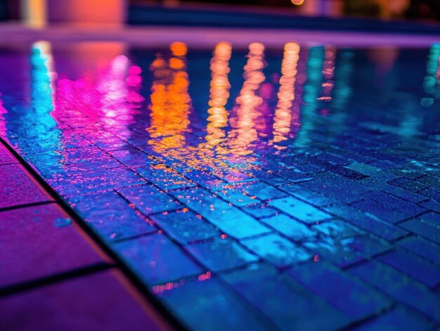 Photo colorful lights reflecting off the glassy surface of a nighttime pool