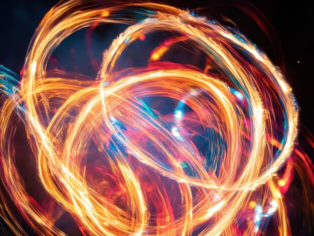 Photo colorful lights swirling in the air during a fire dance performance