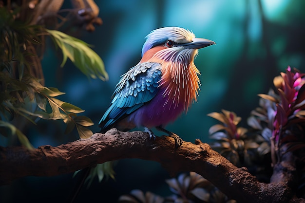 colorful Lilac Breasted Roller is perched on a branch in a tropical rainforest