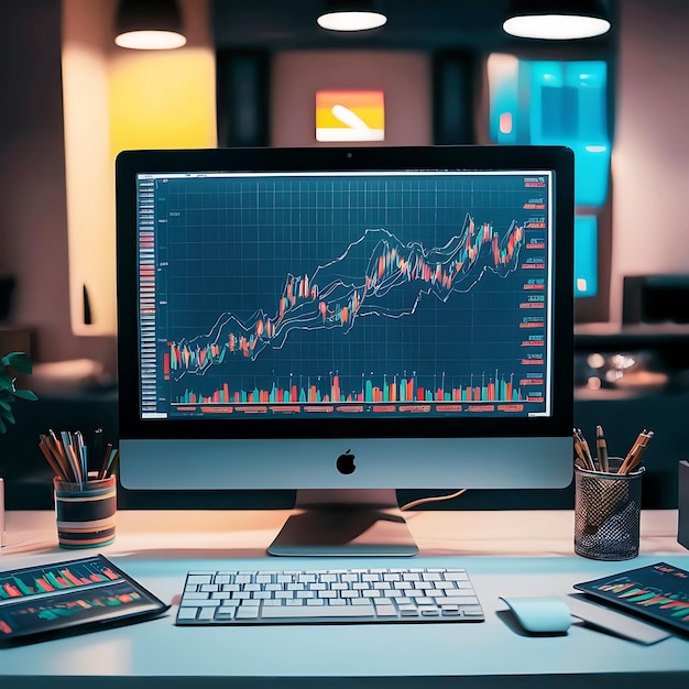 Colorful Line Chart on Desktop Monitor Shows Stock Trends