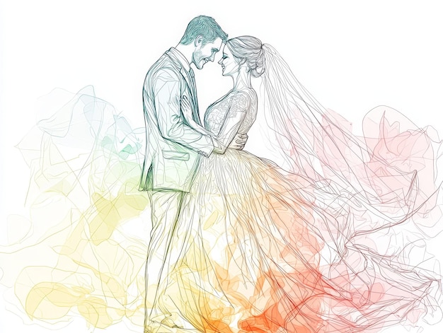 Photo colorful line drawing of a bride and groom