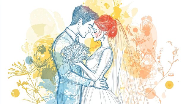 Photo colorful line drawing of a bride and groom