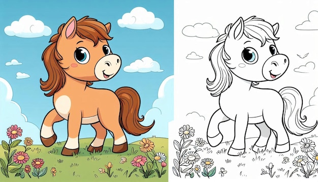 Colorful and LineArt Pony Illustrations for Kids Coloring Activities