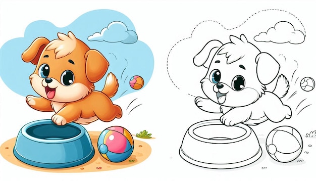 Photo colorful and lineart puppy illustrations for kids coloring activities