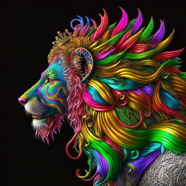 A colorful lion with a crown on its head is shown.