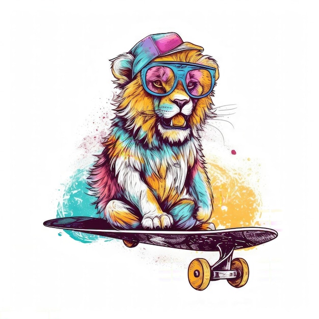 A colorful lion with a hat and glasses on a skateboard.