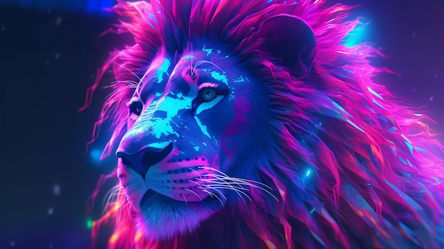 A colorful lion with a pink mane and a blue light on the back