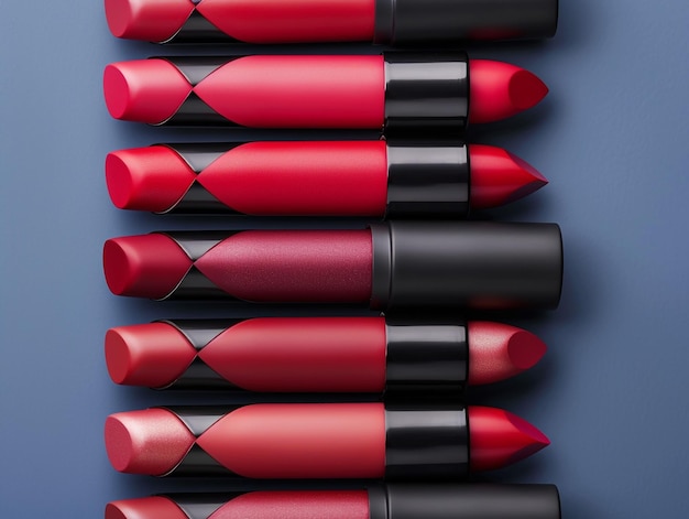 Colorful Lipstick Products Arrangement On Blue Background