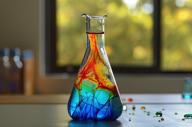 Colorful liquid art in glass flask on desk