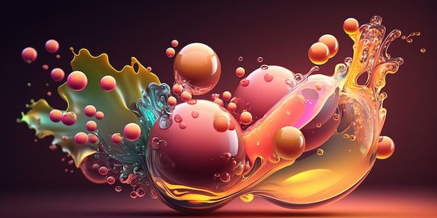 A colorful liquid is in the air and is surrounded by a leaf.