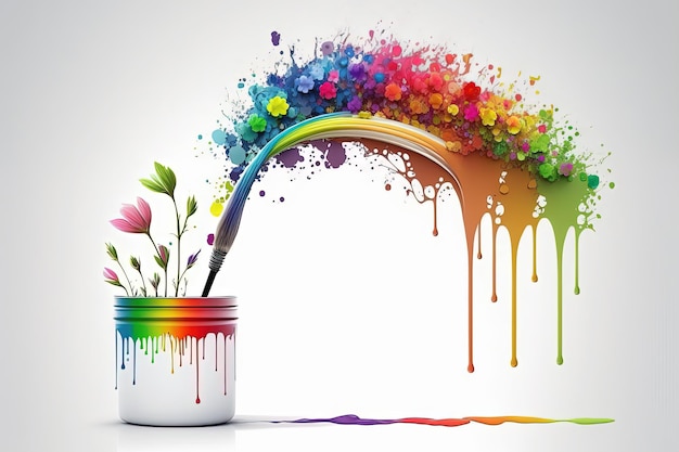 Colorful liquid rainbow splash with flowers over paint can on white background AI