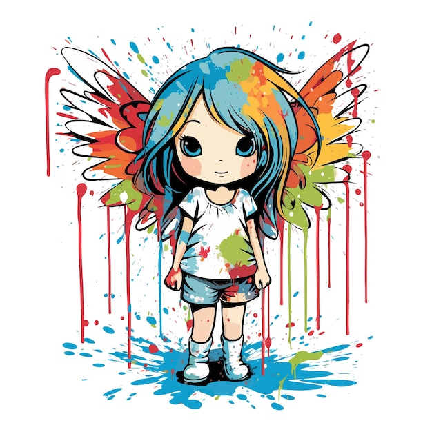 A colorful little girl angel graffiti on a white background in the style of dripping paint