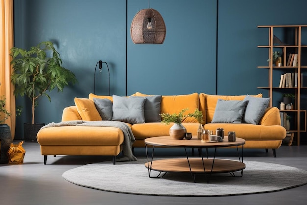 Colorful living room interior with sofa and other furniture