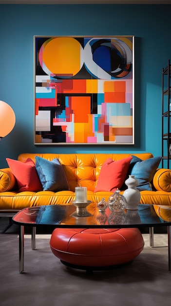 a colorful living room with a colorful couch and a colorful painting