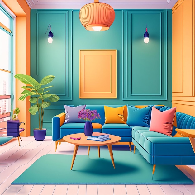 a colorful living room with a couch and a coffee table