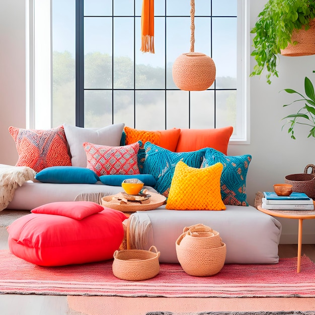 A colorful living room with a couch, pillows, and a hanging plant.