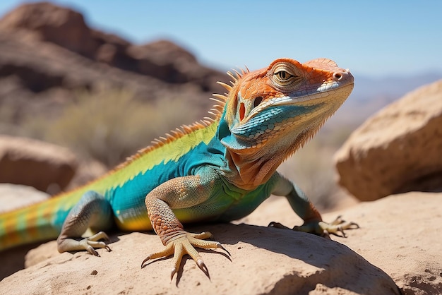 A colorful lizard basking in the sun atop a desert rock