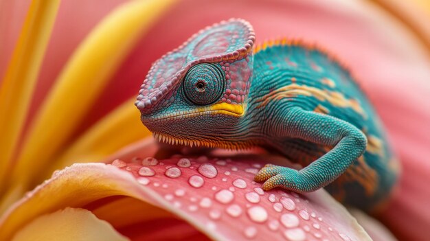 Photo a colorful lizard is sitting on a pink flower