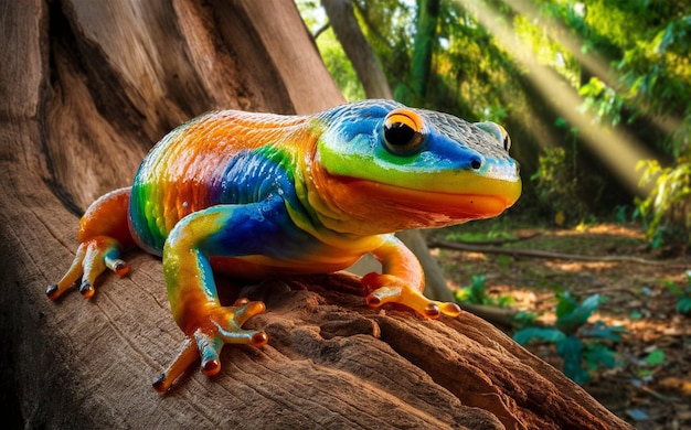 a colorful lizard is on a tree branch in the sun