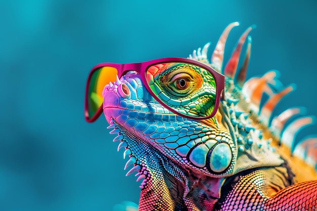 Photo colorful lizard wearing glasses close up