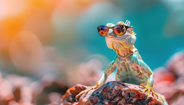 Photo a colorful lizard wearing sunglasses poses on rocks during bright sunshine