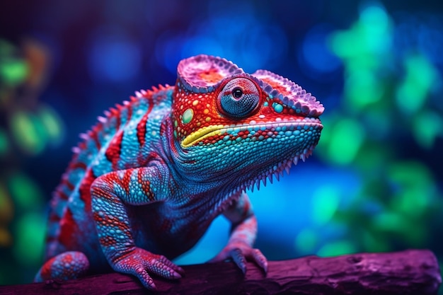 A colorful lizard with a blue and green head sits on a branch.